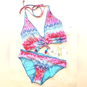 BECCA Bikini Set, Pinks Blues Sparkle Print String Ties, Medium, NWT